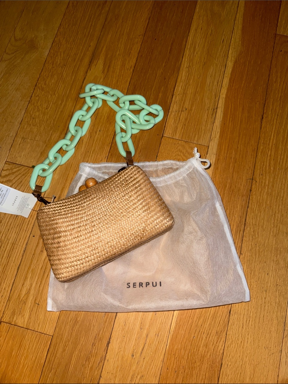 Serpui Straw Mini Bag / clutch with interchangable Mint Chain Strap / long